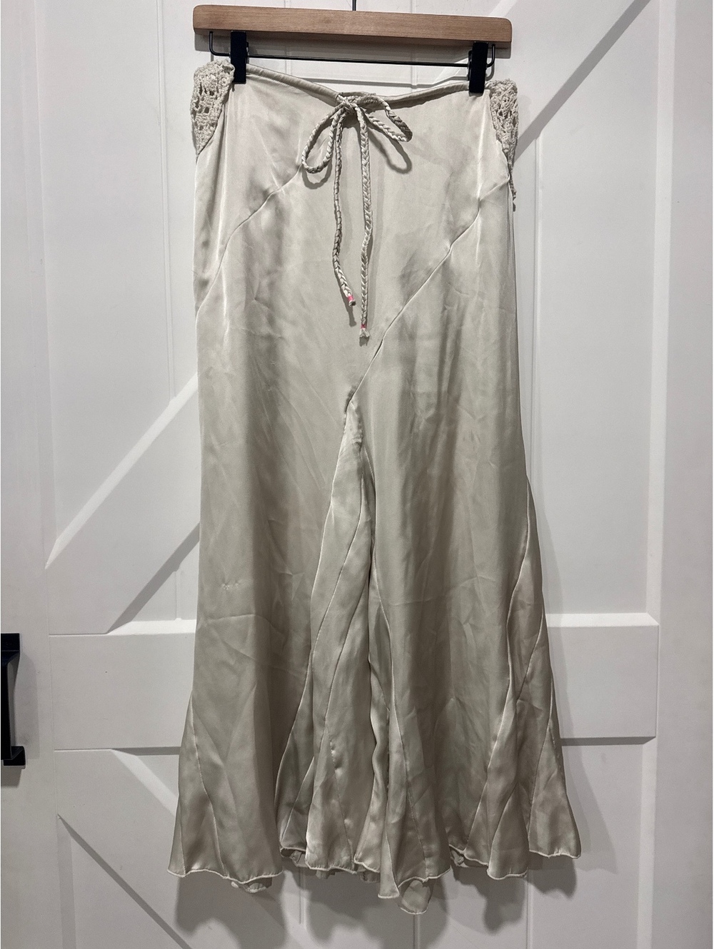 Intimately Free People Anthropologie Off White Satin Skirt with Crochet Detail